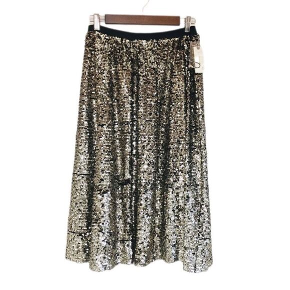 ANTHROPOLOGIE Maeve Orleans Gold Sequin Midi Skirt Metallic Party Size Small New - Picture 2 of 16